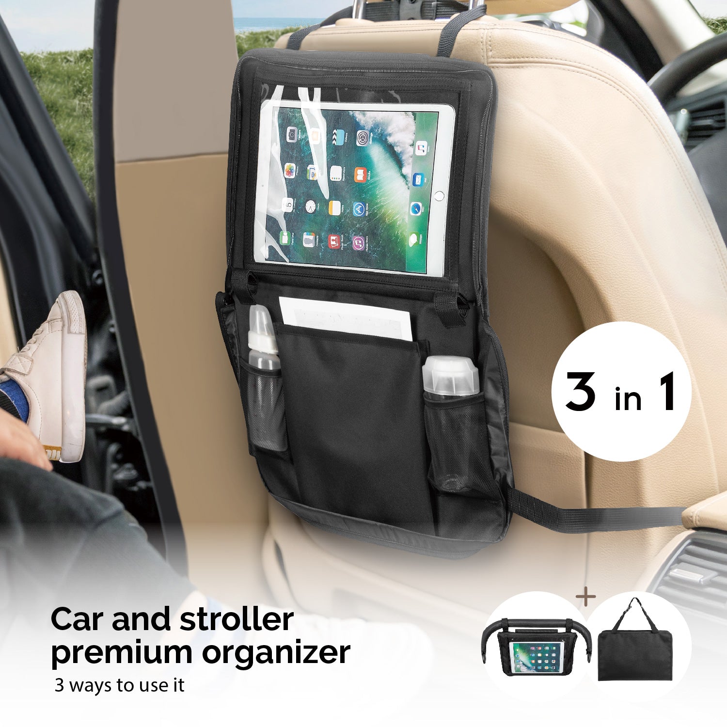 Premium Organizer für Pkw, Kinderwagen und Buggy - mit Multimediafach, Stauraumfach und 2 Getränkehaltern