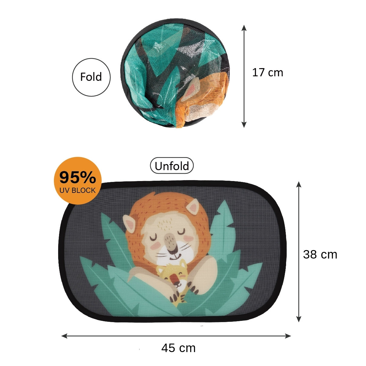 Sonnenschutz "Löwenherz" (2 Stück) für Autofenster, UV-Schutz, mit Saugnapfbefestigung